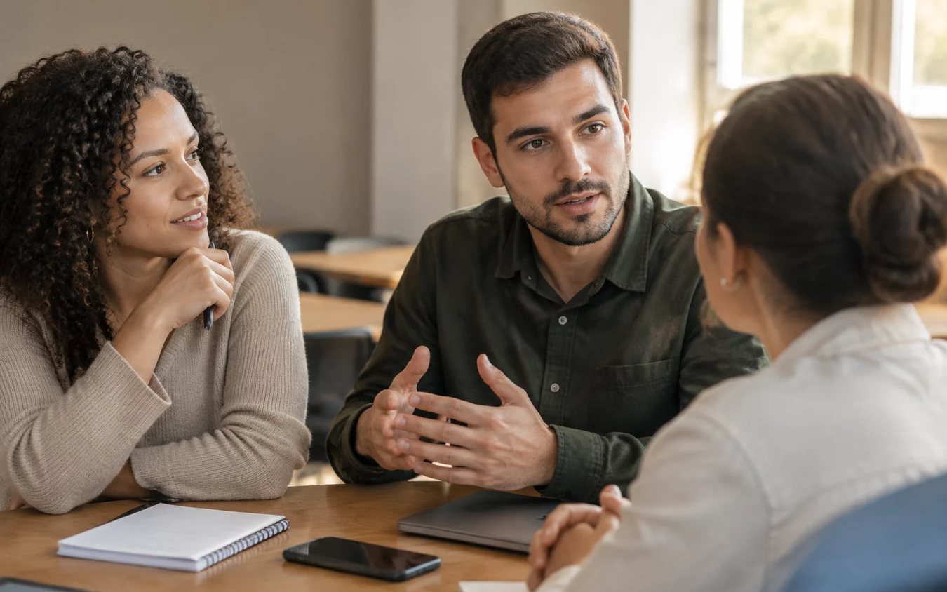 Três participantes conversam ao redor de uma mesa comprida numa sala clara de janelas altas