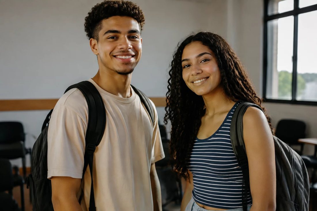 Dois estudantes de mochila continuam a discussão no corredor depois da sessão